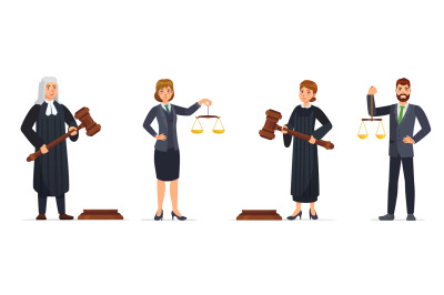 Judges and lawyers. Judge holding hammer and lawyer with scales of jus