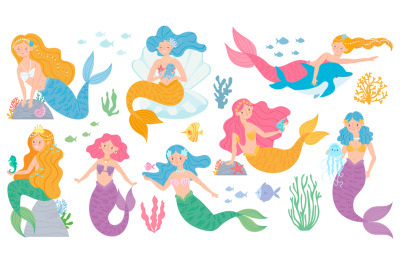 Mermaid. Cute mythical princess, little mermaids and dolphin, seashell