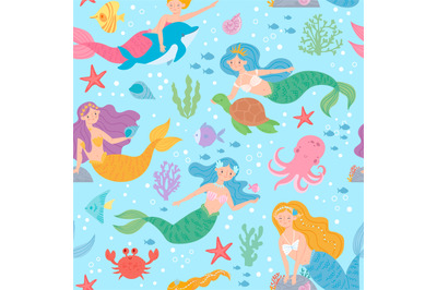 Mermaid seamless pattern. Fairytale princesses and sea creatures under