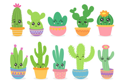 Cartoon cactus. Cute succulent or cacti plant with happy funny face, t