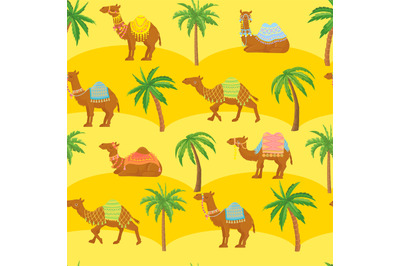 Seamless camel pattern. Cute cartoon camels in desert among sand dunes