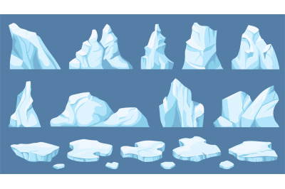 Cartoon arctic ice. Icebergs, blue floes and ice crystals. Icy cliff,