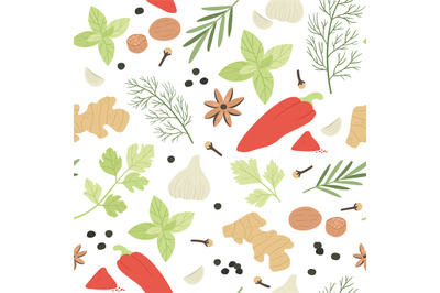 Spices seamless pattern. Hand drawn aromatic cooking ingredients carda