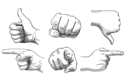 Engraved hands gesture. Hand drawn like and dislike, sketch punch and