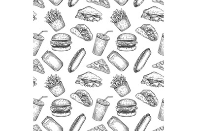 Fast food seamless pattern. Hand drawn pizza, burger and fries, hot do