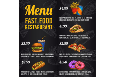 Fast food menu. Sketch price menu fast food restaurant or bistro. Burg