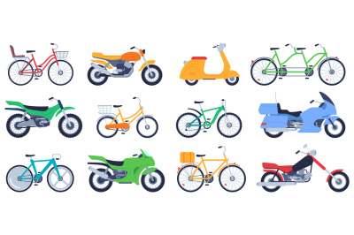 Flat motorbikes. Motorcycles, bikes and scooters, speed bicycle for de