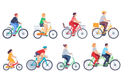 Cycling people. Women, men ride bikes sports outdoor activity, friends