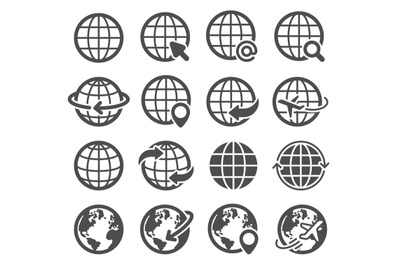 Globe icons set. World earth, worldwide map continents spherical plane