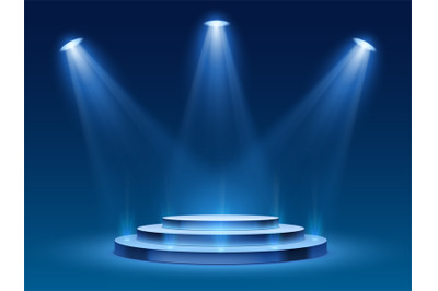 Scene podium with blue light. Stage platform with lighting for award c