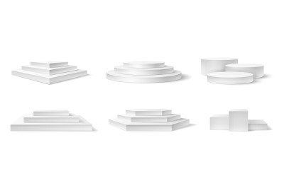 Realistic podium. White 3d empty podiums, pedestal and platform differ