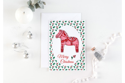 Red dala horse card. Merry Christmas card 5x7 inches JPG.
