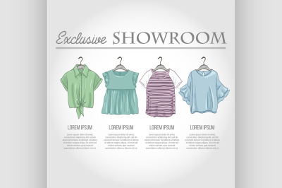 Color showroom set of woman casual clothes