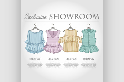 Color showroom set of woman casual clothes