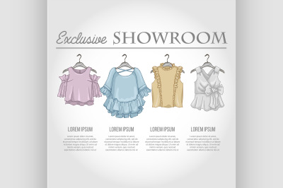 Color showroom set of woman casual clothes