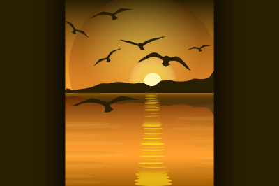 Bright yellow sunrise and sunset set