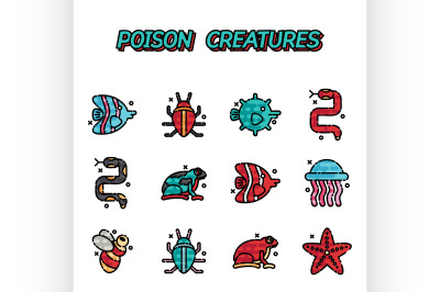 Poisonous creatures cartoon concept icons