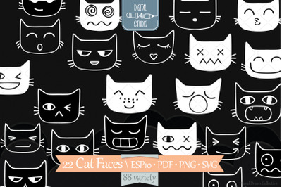 Cat Faces Kawaii | White Hand Drawn Kittens Emoji | Feline Emotions