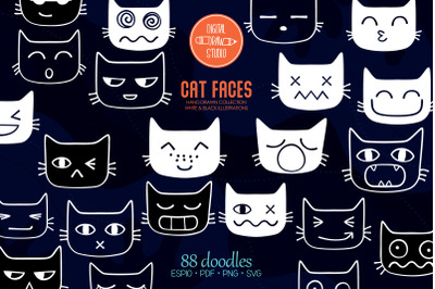 Cat Faces Kawaii | White Hand Drawn Kittens Emoji | Feline Emotions