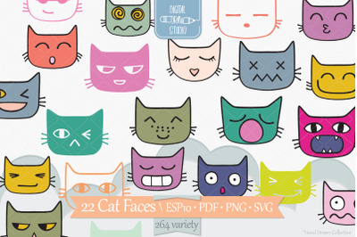 Cat Faces Kawaii | Colored Hand Drawn Kittens Emoji | Feline Emotions