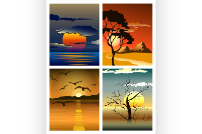 Bright yellow sunrise and sunset set