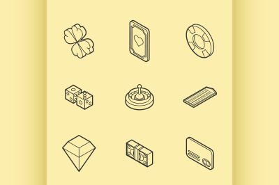 Casino flat outline isometric set