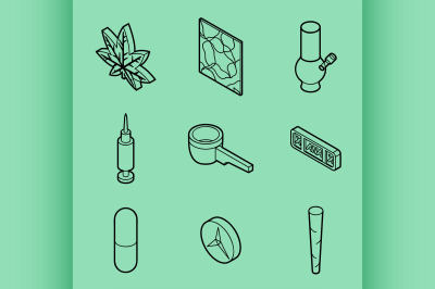 Drugs flat outline isometric icons