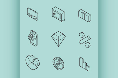 Finance flat outline isometric set