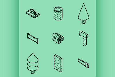 lumberjack flat outline isometric set