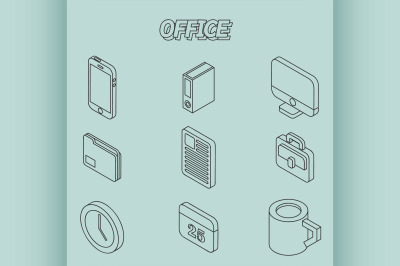 Office flat outline isometric set