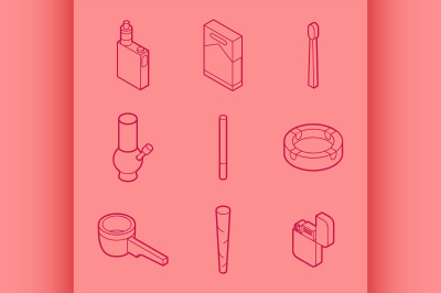 Smoking flat outline isometric set