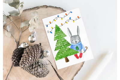 Bunny and christmas tree printable card.
