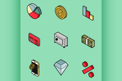 Finance flat outline isometric set