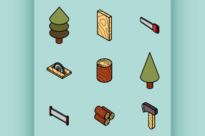 lumberjack flat outline isometric set