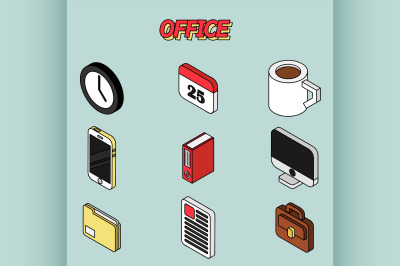 Office flat outline isometric set