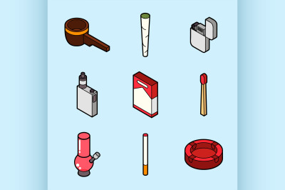 Smoking flat outline isometric set