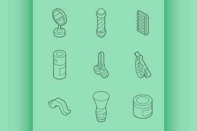 Barber shop outline isometric set