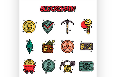 Blockchain flat icons set