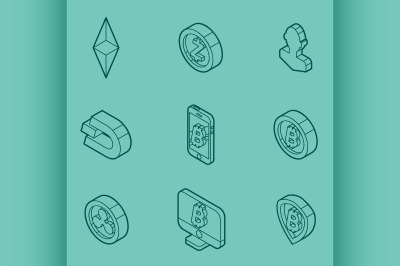 Cryptocurrency outline isometric icons