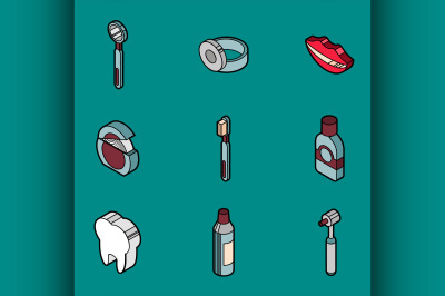 Stomatology flat outline isometric set