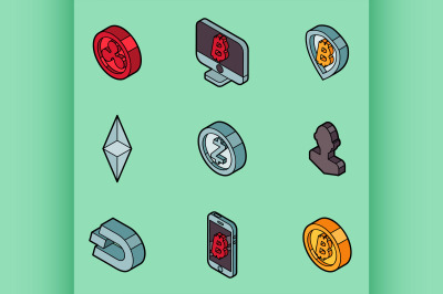 Cryptocurrency outline isometric icons