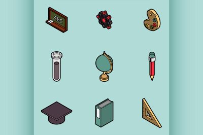 Education flat outline isometric set