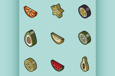 Fruit flat outline isometric set