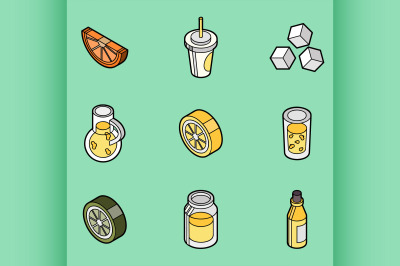 Lemonade flat outline isometric set