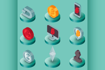 Cryptocurrency flat isometric icons