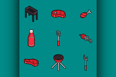 BBQ color outline isometric icons