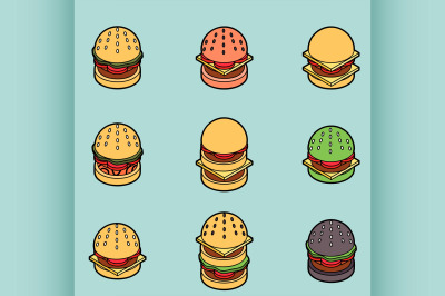 Burgers color outline isometric icons