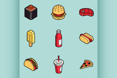 Fast food outline color isometric icons