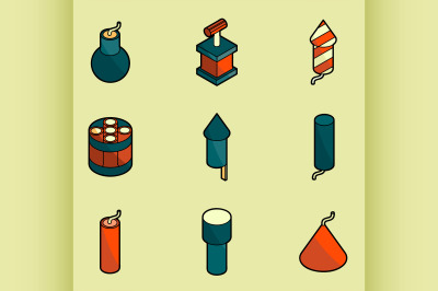 Pyrotechnics color outline isometric icons