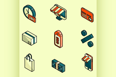 Shopping color outline isometric icons